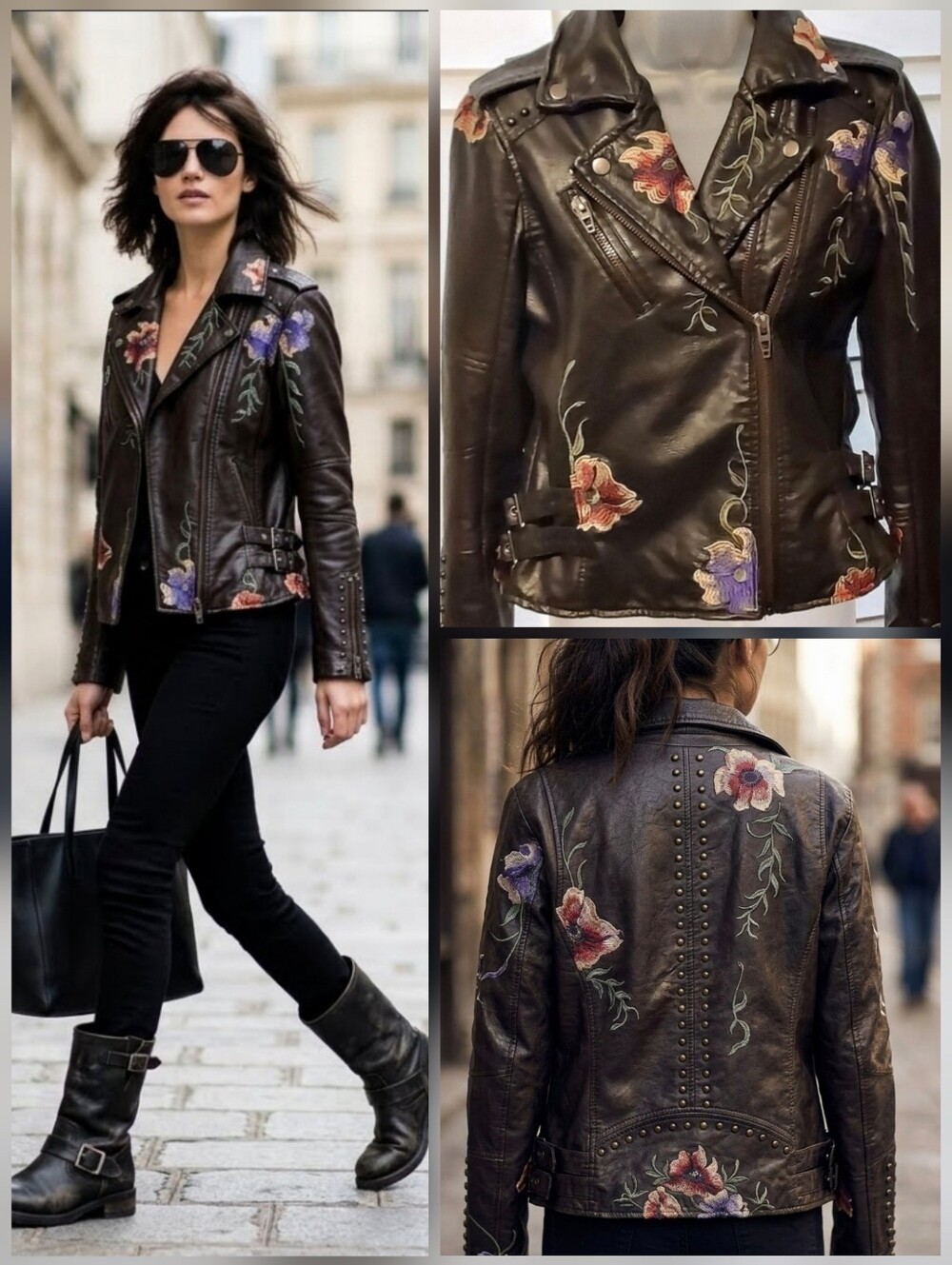 💙Colleen Lopez floral embroidered black vegan leather moto jacket 🤍Small